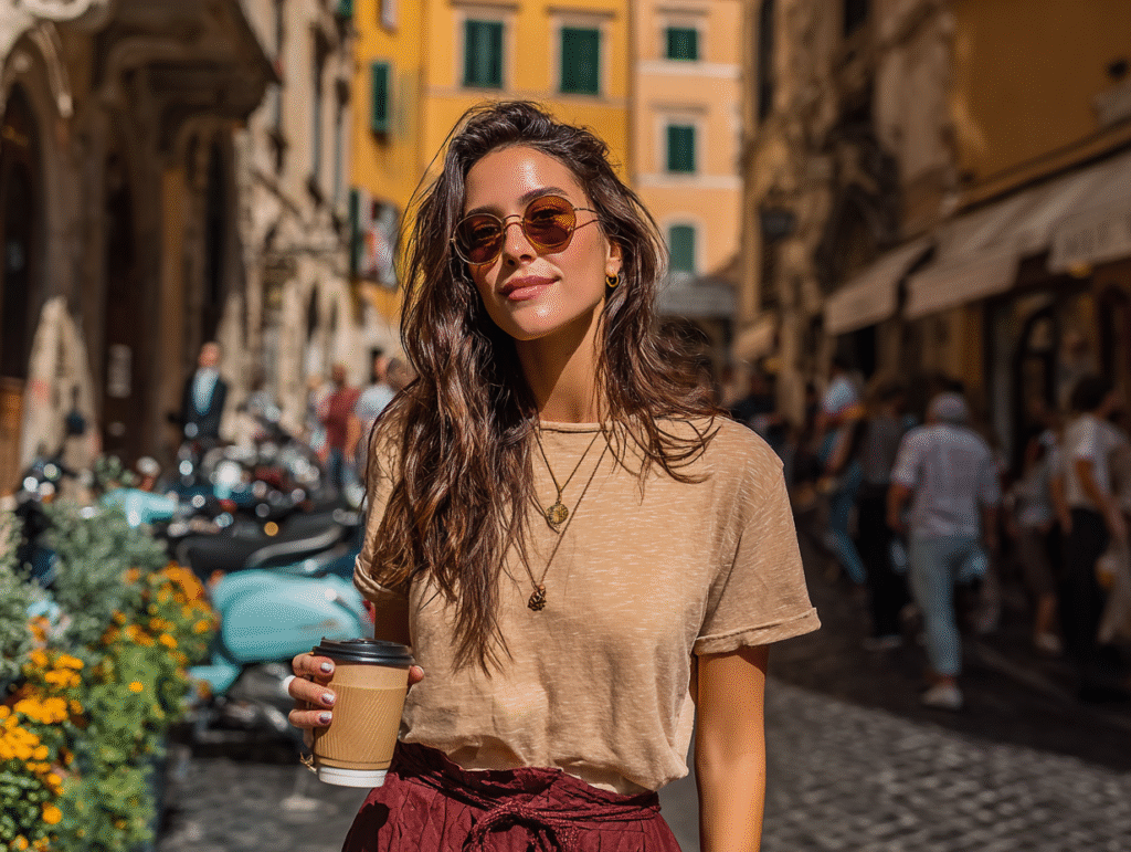 Woman in a beige T-shirt tucked into a skirt while holding coffee outdoors