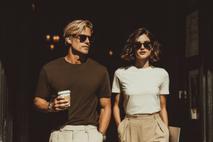 Man and woman in neutral-toned trousers and T-shirts styled in a chic, elevated way