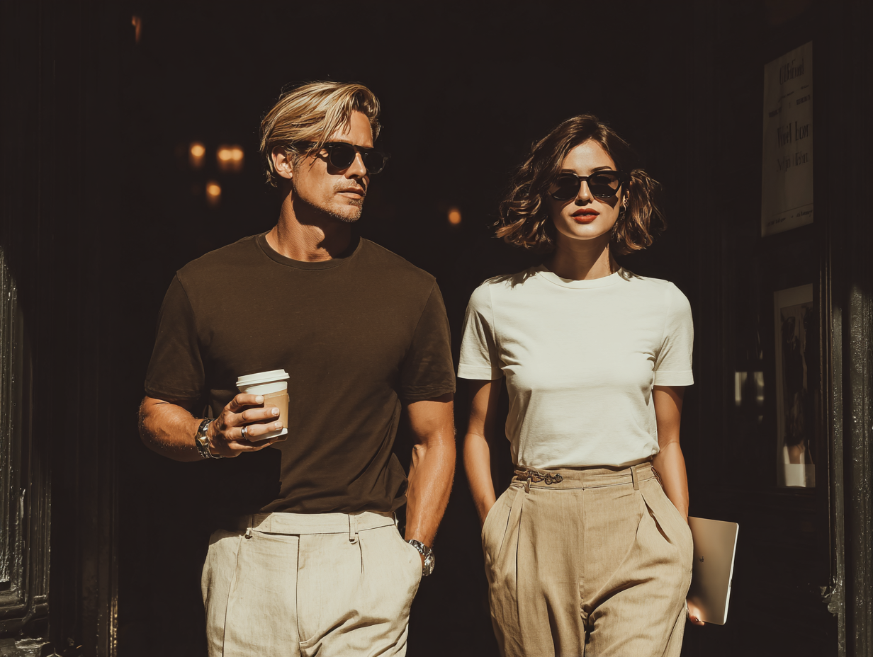 Man and woman in neutral-toned trousers and T-shirts styled in a chic, elevated way