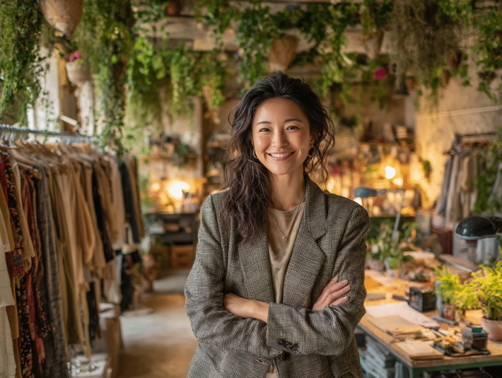 Woman wearing a T-shirt under a structured blazer in a workspace