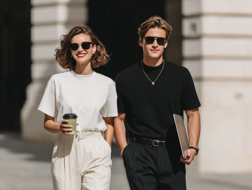 Man and woman in monochrome T-shirts with dress trousers