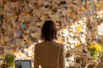 A woman stands in front of a cluttered wall covered in sticky notes and papers, symbolizing overwhelm and unfocused busyness