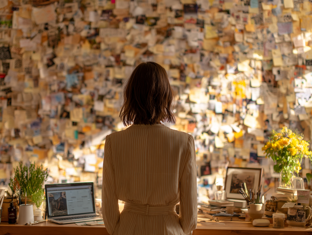 A woman stands in front of a cluttered wall covered in sticky notes and papers, symbolizing overwhelm and unfocused busyness