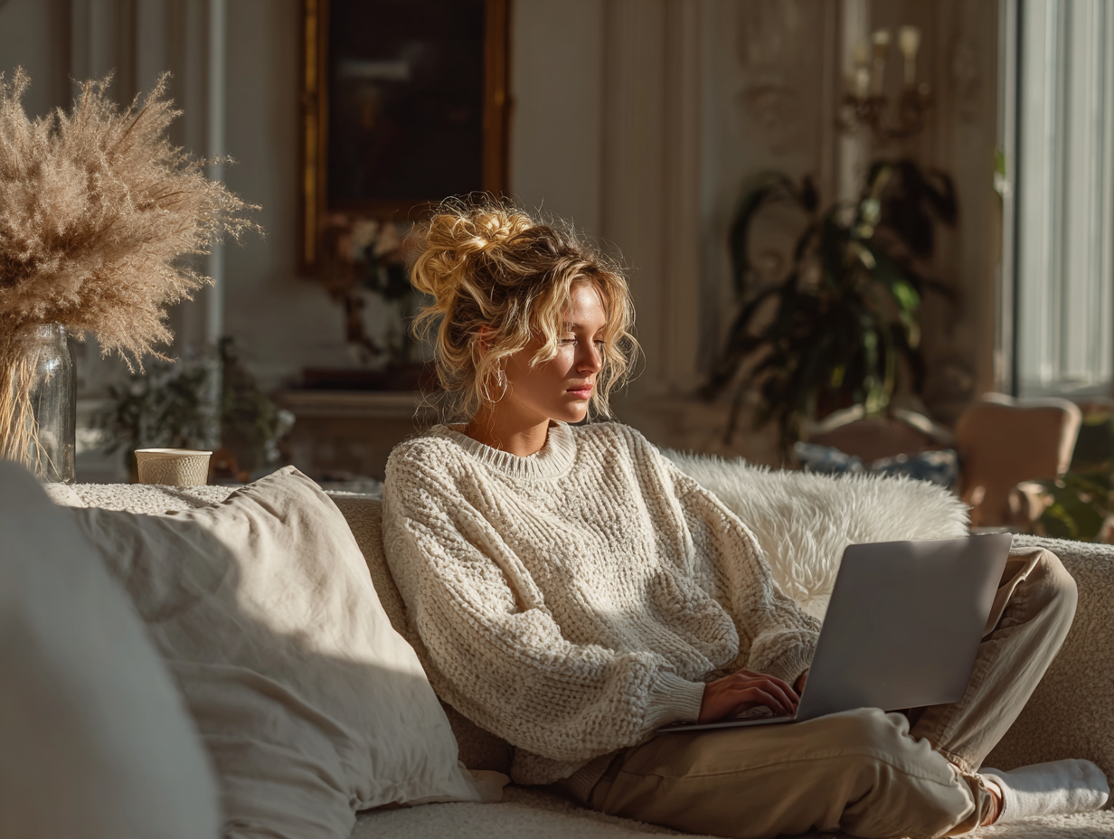 Woman sitting on a sofa using a laptop for online learning at home