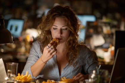 A woman mindlessly eating fried food at her desk at night, surrounded by snacks and a cluttered workspace