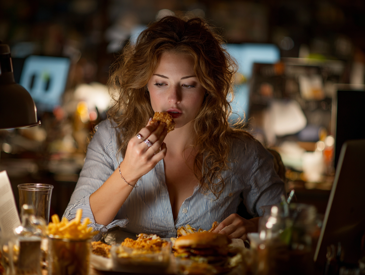 A woman mindlessly eating fried food at her desk at night, surrounded by snacks and a cluttered workspace