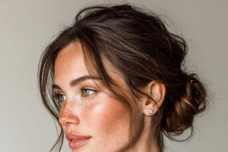 Elegant woman wearing minimalist diamond stud earrings with a soft brown blouse