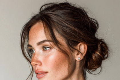 Elegant woman wearing minimalist diamond stud earrings with a soft brown blouse