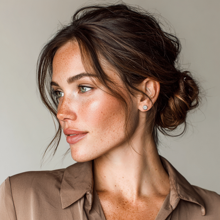 Elegant woman wearing minimalist diamond stud earrings with a soft brown blouse