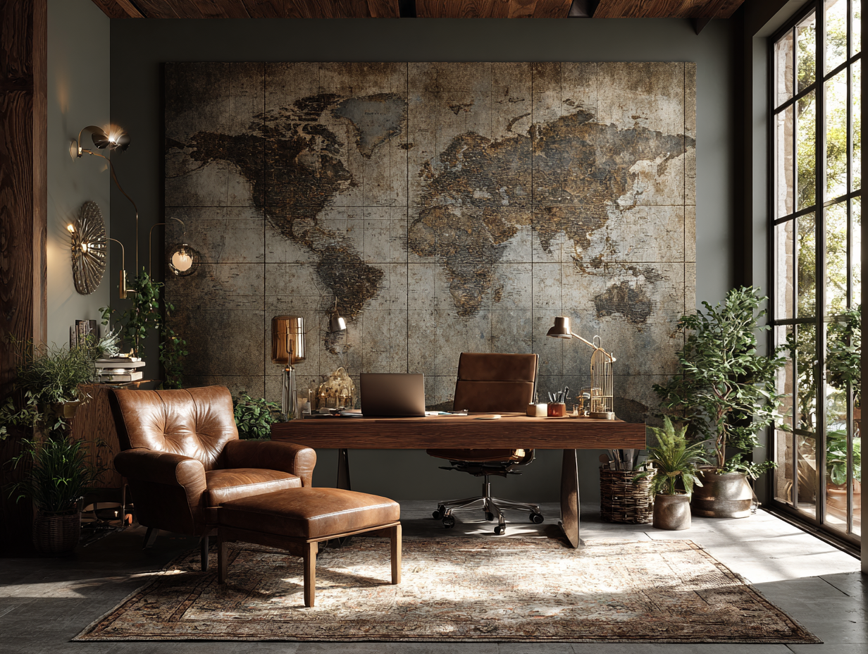 Office with vintage world map wall, leather chair, wooden desk, and plants