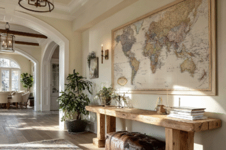 Elegant entryway with large framed world map, rustic wood console table, and leather pouf