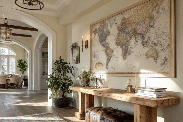 Elegant entryway with large framed world map, rustic wood console table, and leather pouf