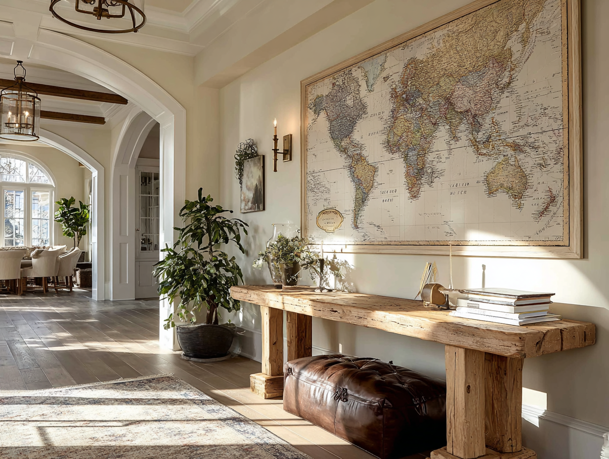 Elegant entryway with large framed world map, rustic wood console table, and leather pouf