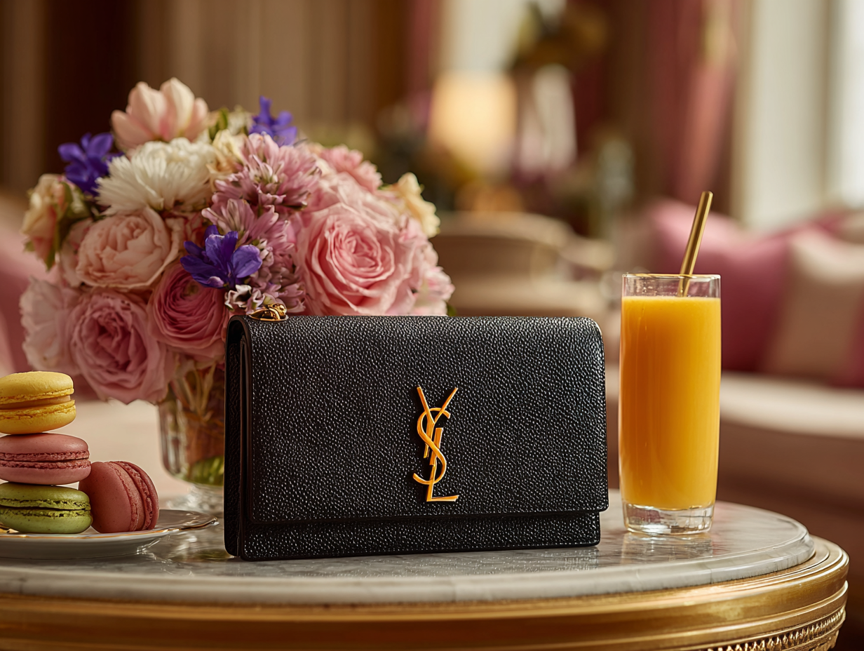 Black YSL clutch on a table with flowers, juice, and macarons