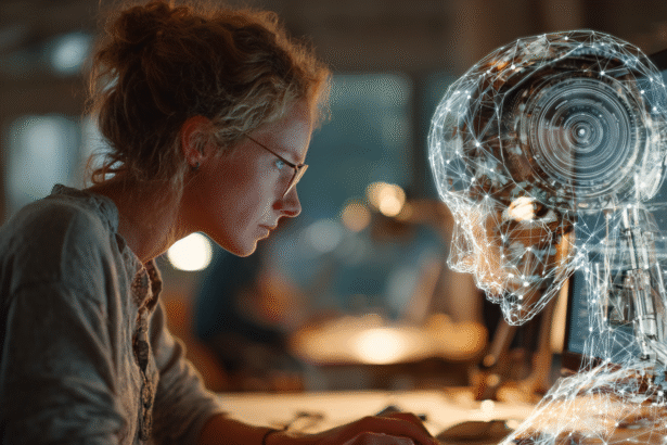 A focused woman working at a desk with a glowing digital AI figure in front of her, representing ChatGPT integrations
