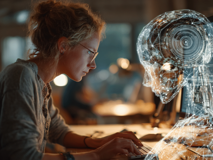 A focused woman working at a desk with a glowing digital AI figure in front of her, representing ChatGPT integrations