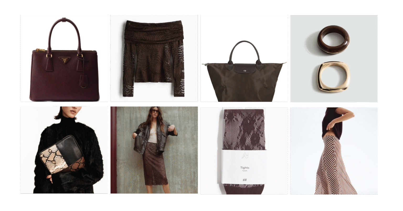 Curated fashion edit featuring brown investment bag, lace skirt, travel tote, and statement accessories.