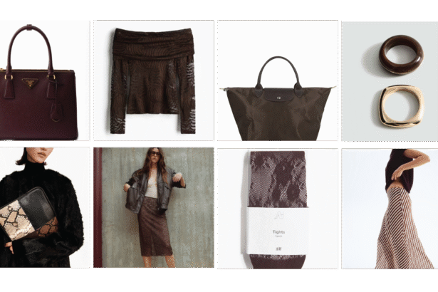 Curated fashion edit featuring brown investment bag, lace skirt, travel tote, and statement accessories.