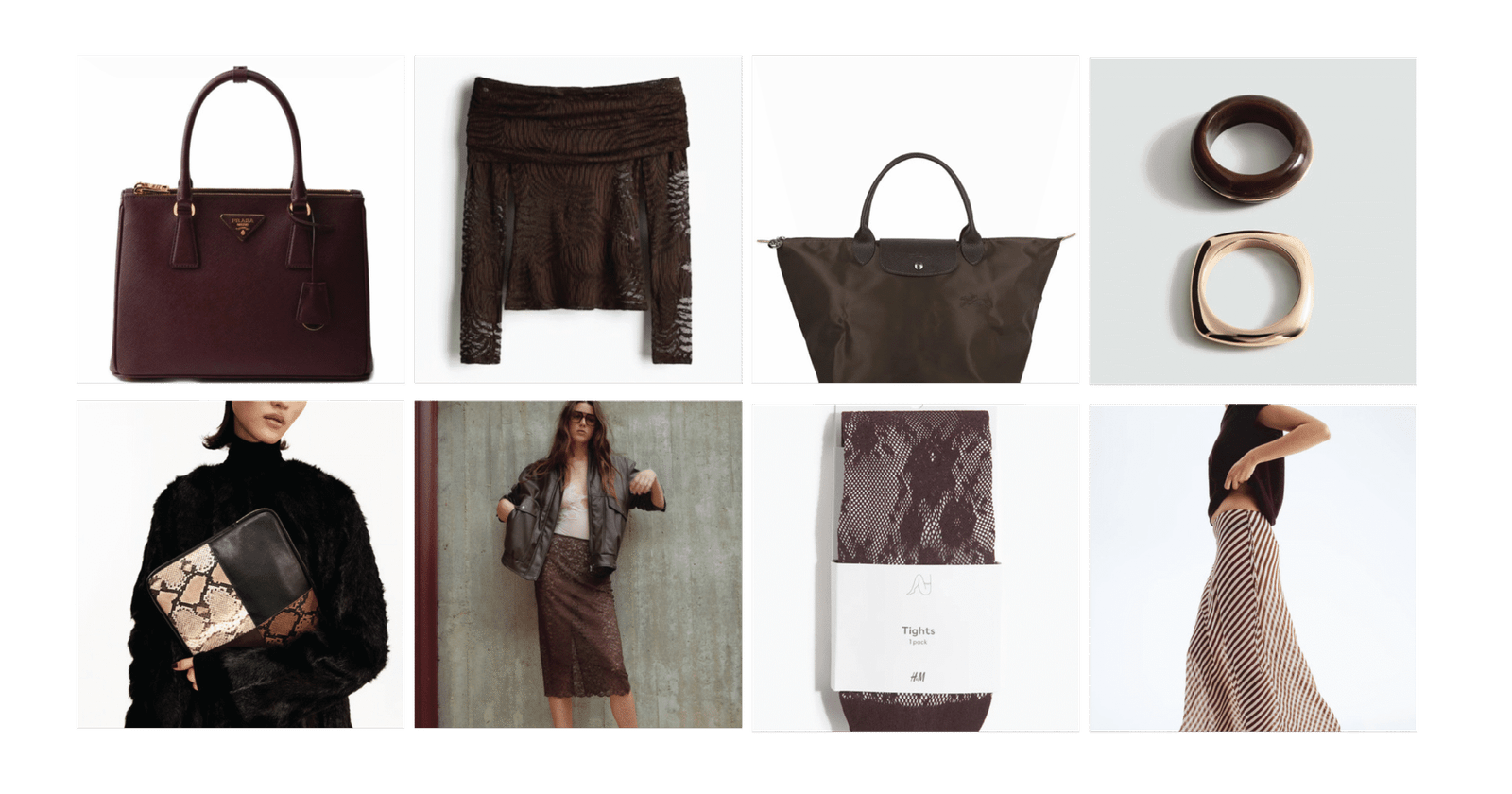 Curated fashion edit featuring brown investment bag, lace skirt, travel tote, and statement accessories.
