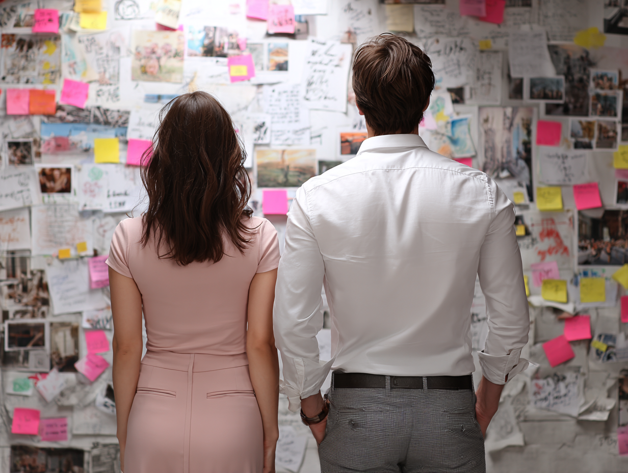 Two entrepreneurs reviewing a vision board filled with notes, ideas, and plans, symbolizing calculated risk-taking.
