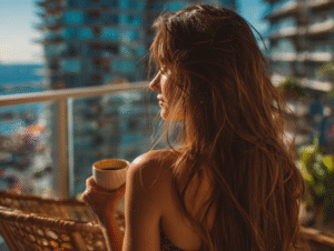 A woman sitting on a balcony with coffee in hand, looking out over the city skyline in early morning light, symbolizing mindful quiet time.