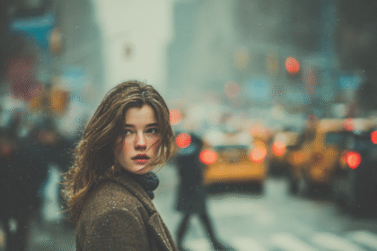 Woman walking in the snow wearing a winter coat in a cold city street
