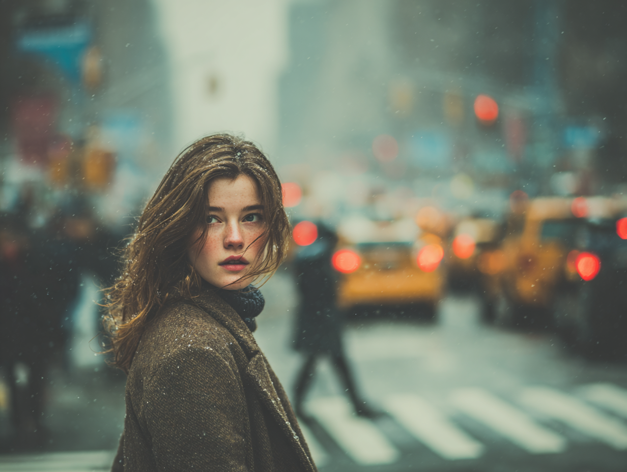 Woman walking in the snow wearing a winter coat in a cold city street