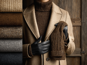 Close-up of wool coat, knit turtleneck, scarf, and leather gloves in winter tones