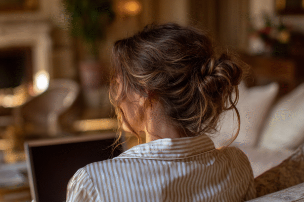 Woman in striped shirt working on a laptop from a cozy, softly lit room