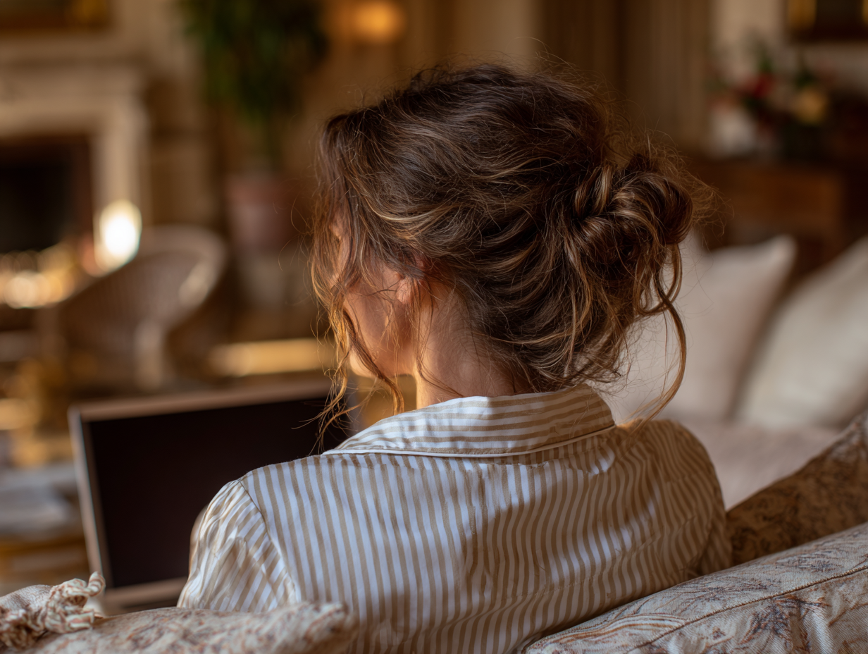 Woman in striped shirt working on a laptop from a cozy, softly lit room