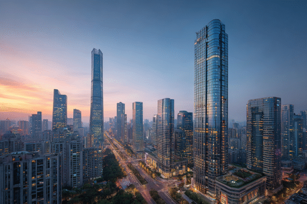 Futuristic skyline of a modern Chinese city with high-rise towers and illuminated streets at sunset.