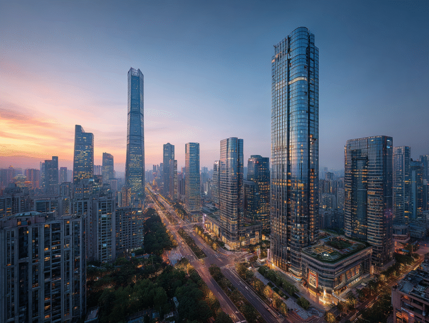 Futuristic skyline of a modern Chinese city with high-rise towers and illuminated streets at sunset.