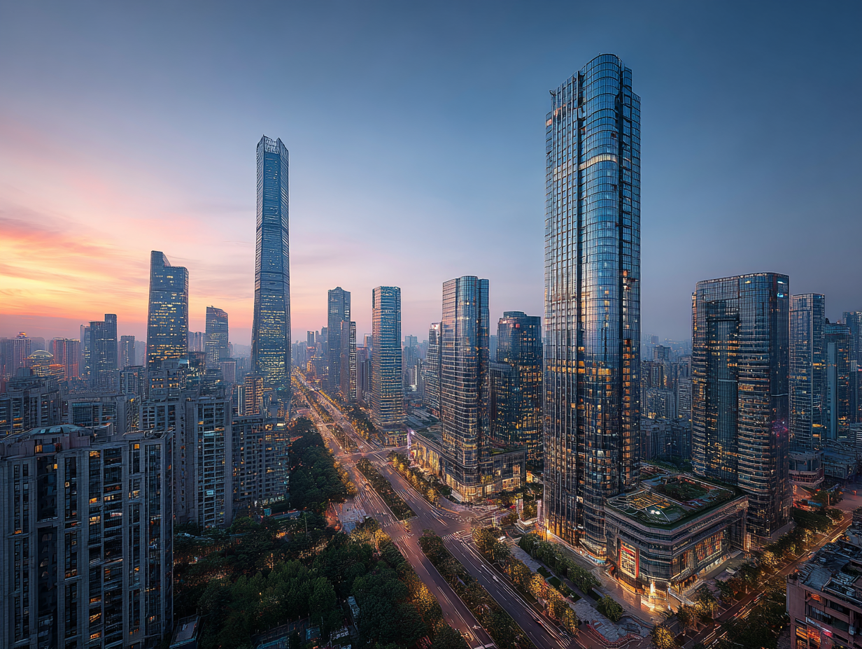 Futuristic skyline of a modern Chinese city with high-rise towers and illuminated streets at sunset.