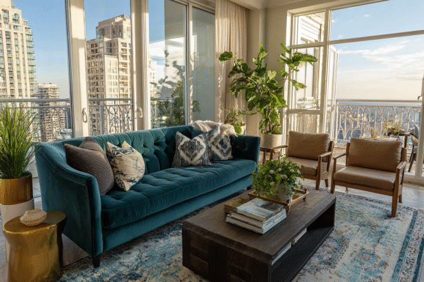 Luxury high-rise condo living room with velvet sofa, plants, and panoramic city skyline view.