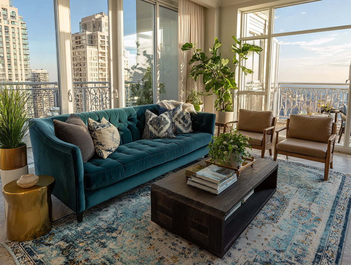 Luxury high-rise condo living room with velvet sofa, plants, and panoramic city skyline view.