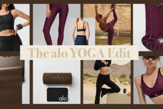 Flatlay collage of Alo Yoga quiet luxury activewear including leggings, sports bras, yoga mats, socks, and accessories.
