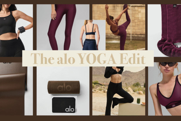 Flatlay collage of Alo Yoga quiet luxury activewear including leggings, sports bras, yoga mats, socks, and accessories.