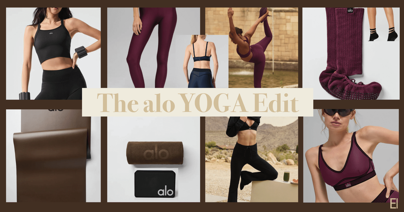 Flatlay collage of Alo Yoga quiet luxury activewear including leggings, sports bras, yoga mats, socks, and accessories.