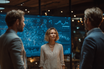 Woman leading an AI strategy meeting with futuristic data screens in background, representing AI development at major companies