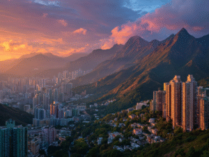 Sunset over Hong Kong’s skyline framed by lush mountains and golden light