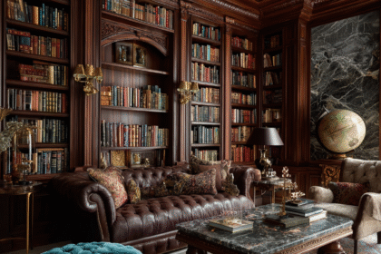Luxurious home library with leather sofa, globe, and wooden bookshelves filled with classic books.
