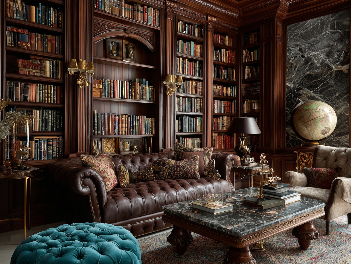 Luxurious home library with leather sofa, globe, and wooden bookshelves filled with classic books.
