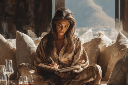 Woman writing in a journal, symbolizing building a personal bucket list in an elegant lifestyle setting.