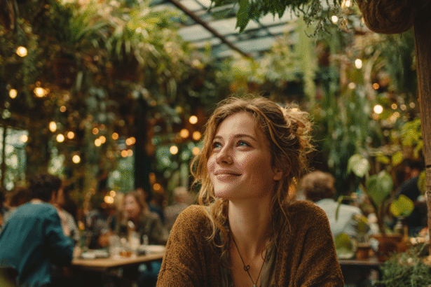 Smiling woman sitting in a lush garden café, symbolizing the joy and fulfillment of achieving life bucket list goals.