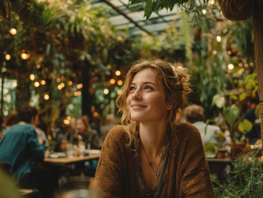 Smiling woman sitting in a lush garden café, symbolizing the joy and fulfillment of achieving life bucket list goals.
