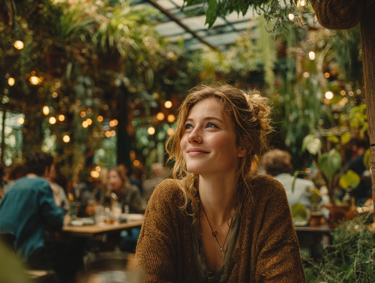 Smiling woman sitting in a lush garden café, symbolizing the joy and fulfillment of achieving life bucket list goals.