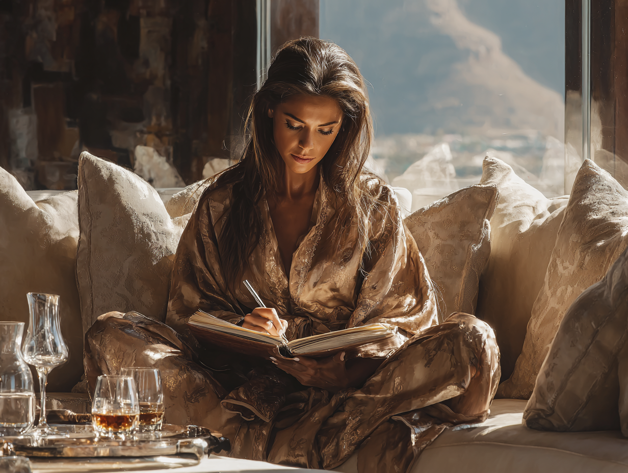 Woman writing in a journal, symbolizing building a personal bucket list in an elegant lifestyle setting.