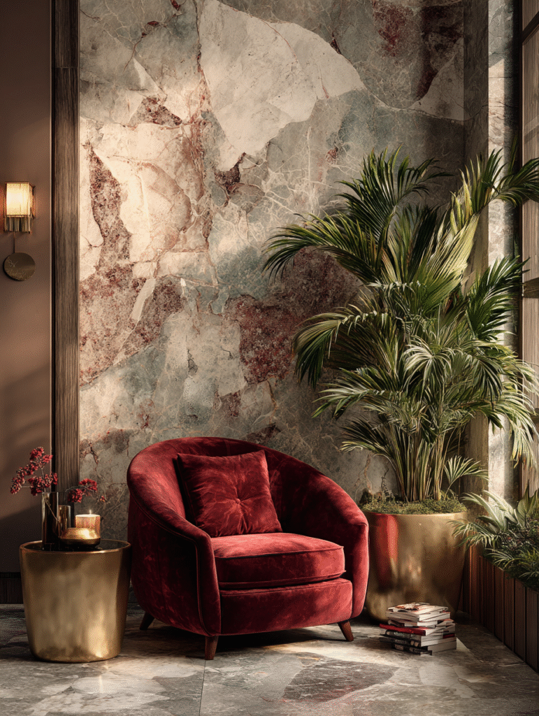 Burgundy velvet chair styled with gold accents and marble coffee table — vintage glamour home decor inspiration.