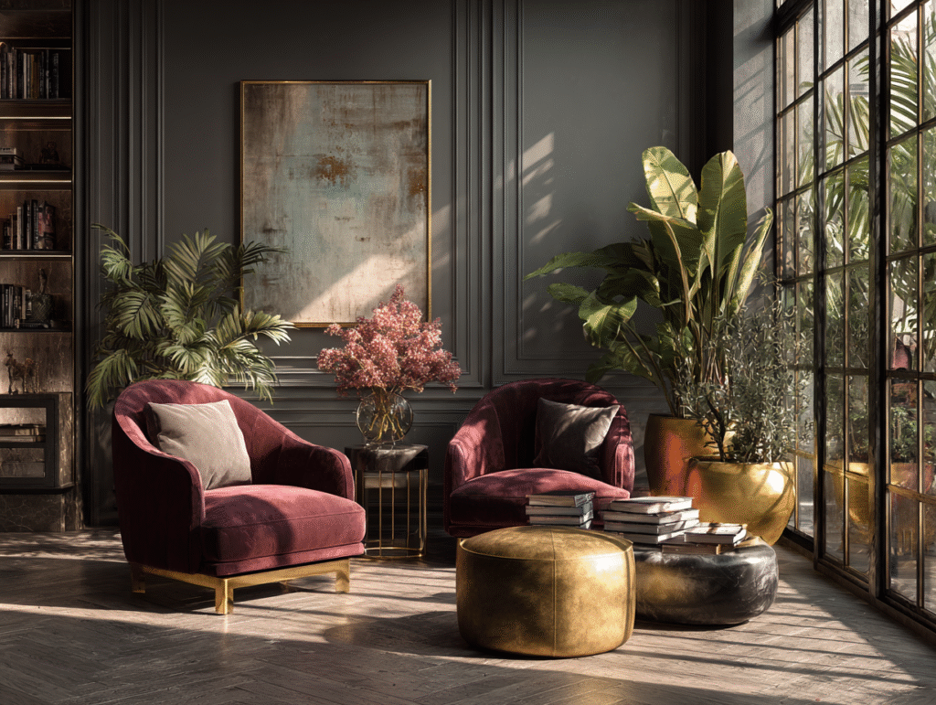 Elegant reading corner with velvet armchairs, gold accents, lush plants, and stacked coffee table books symbolizing calm, order, and creative inspiration.