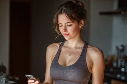 Fit woman in a sports bra checking her phone with a healthy meal on the table